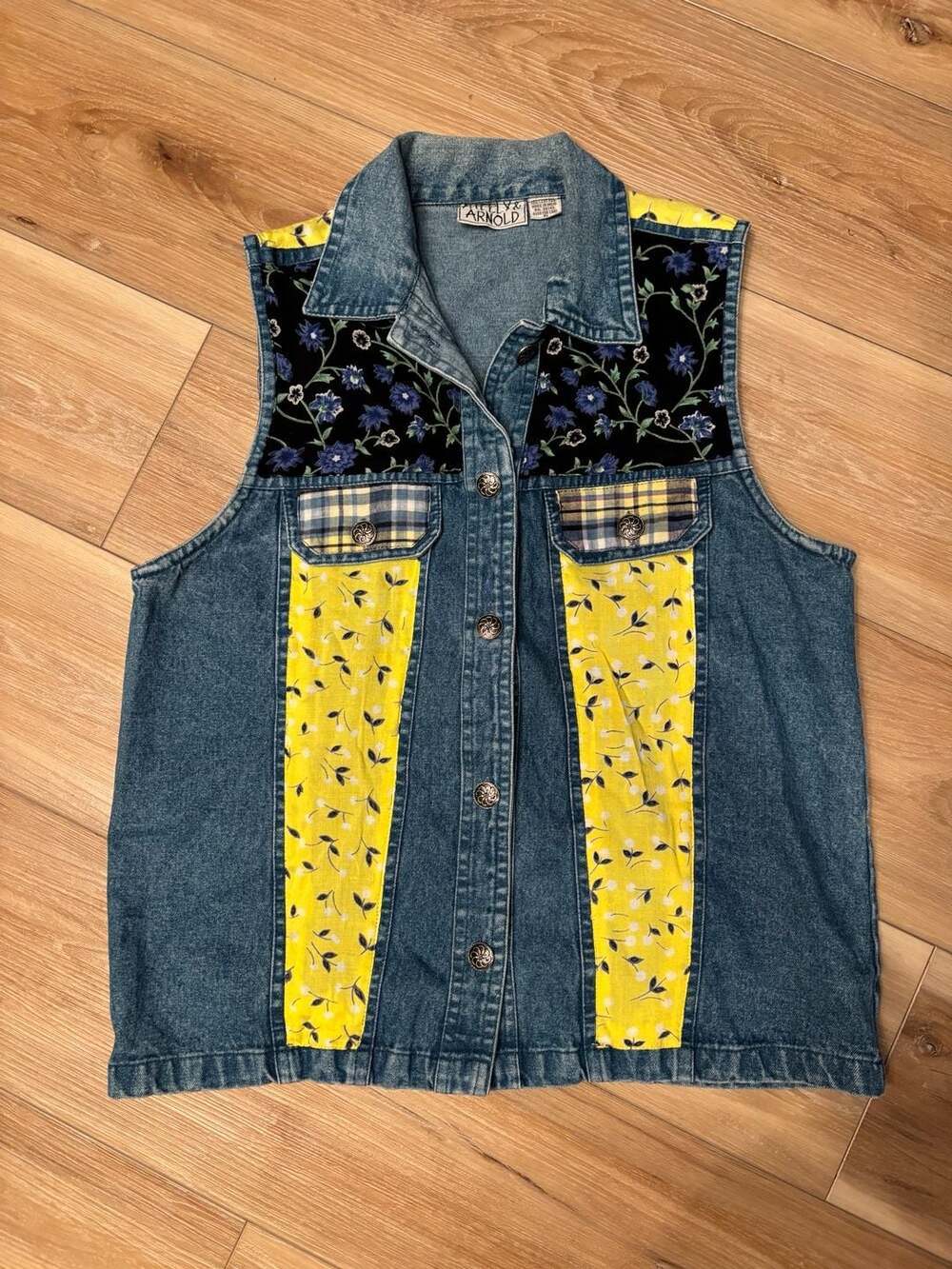 Shelly & Arnold Vintage 90s Patchwork Floral Plaid Denim Vest